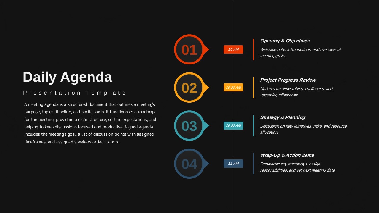 4-Step Daily Agenda Slide Template on a Dark background