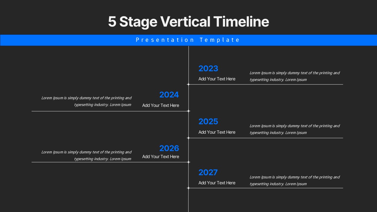 5 Stage Vertical Timeline Presentation Template Dark