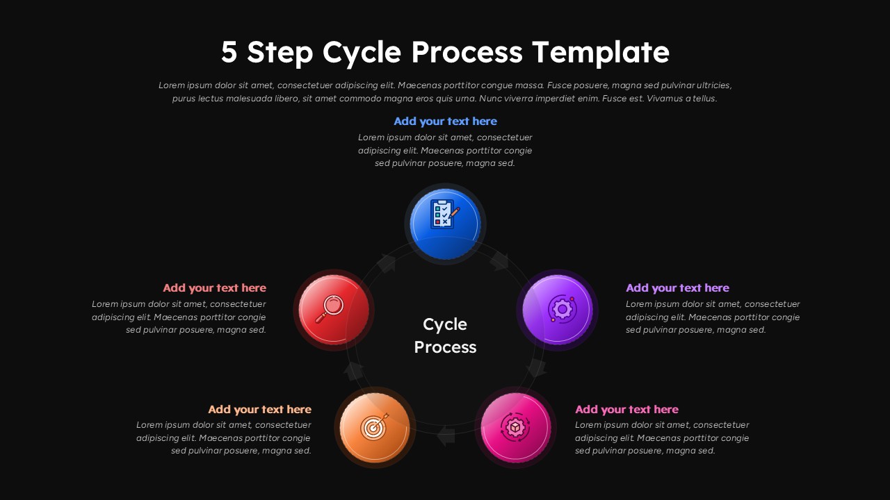 Dark 5 Step Cycle Process Diagram Slide Template