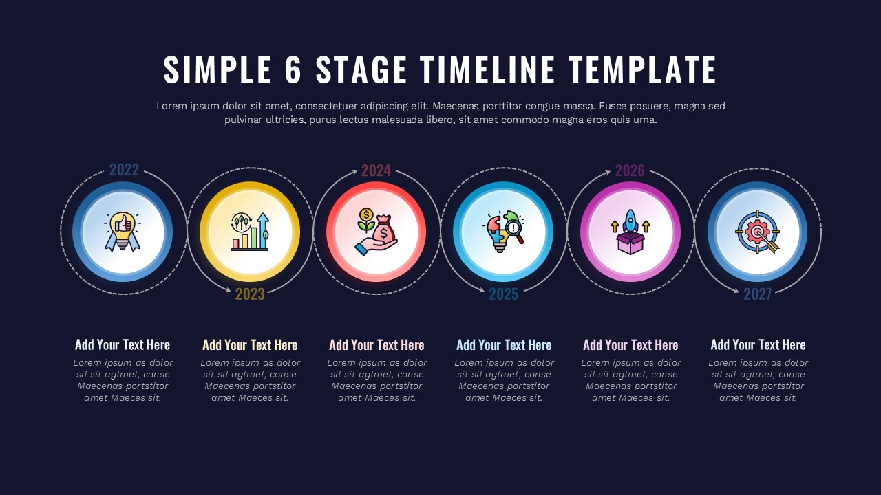 6-Stage Timeline Roadmap Presentation Template on a Dark Background