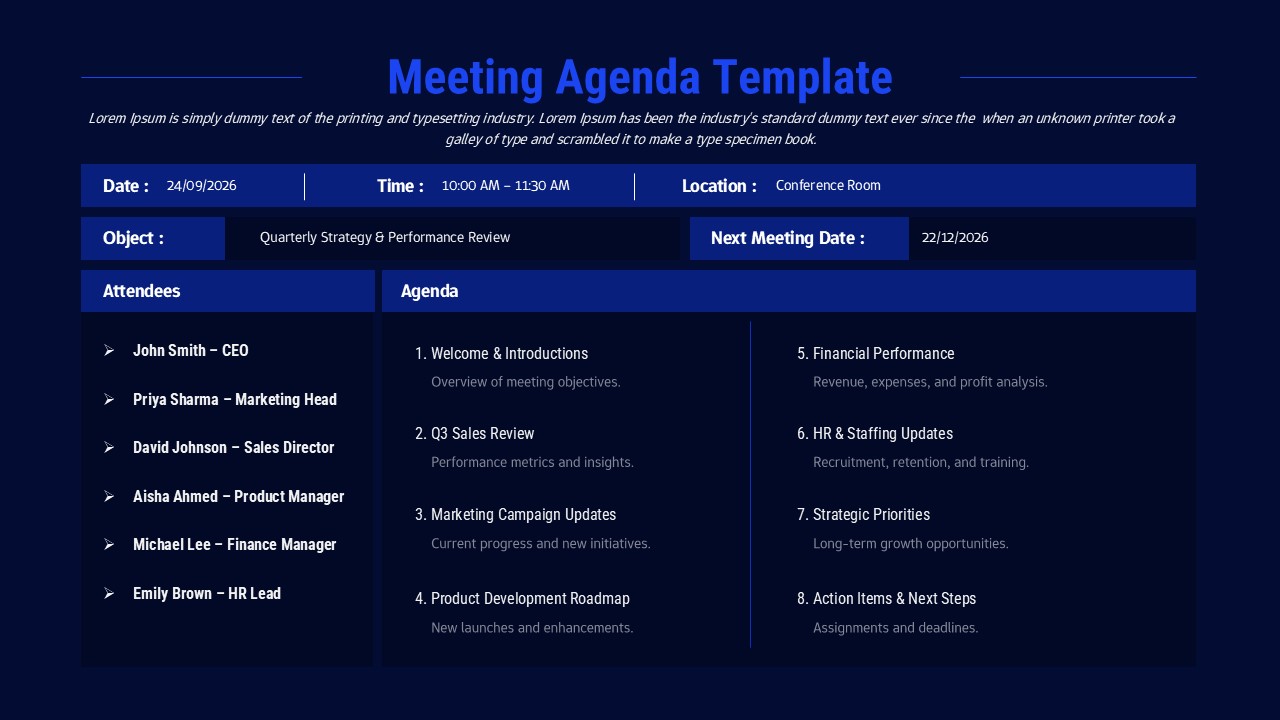 Meeting agenda slide with blue header, date, time, location, attendees list, and numbered agenda items in two columns