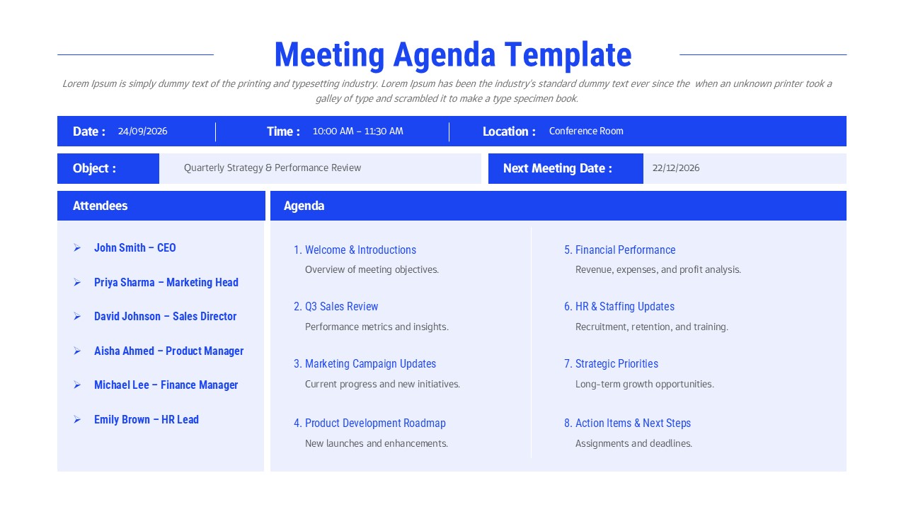 Meeting agenda slide with blue header, date, time, location, attendees list, and numbered agenda items in two columns