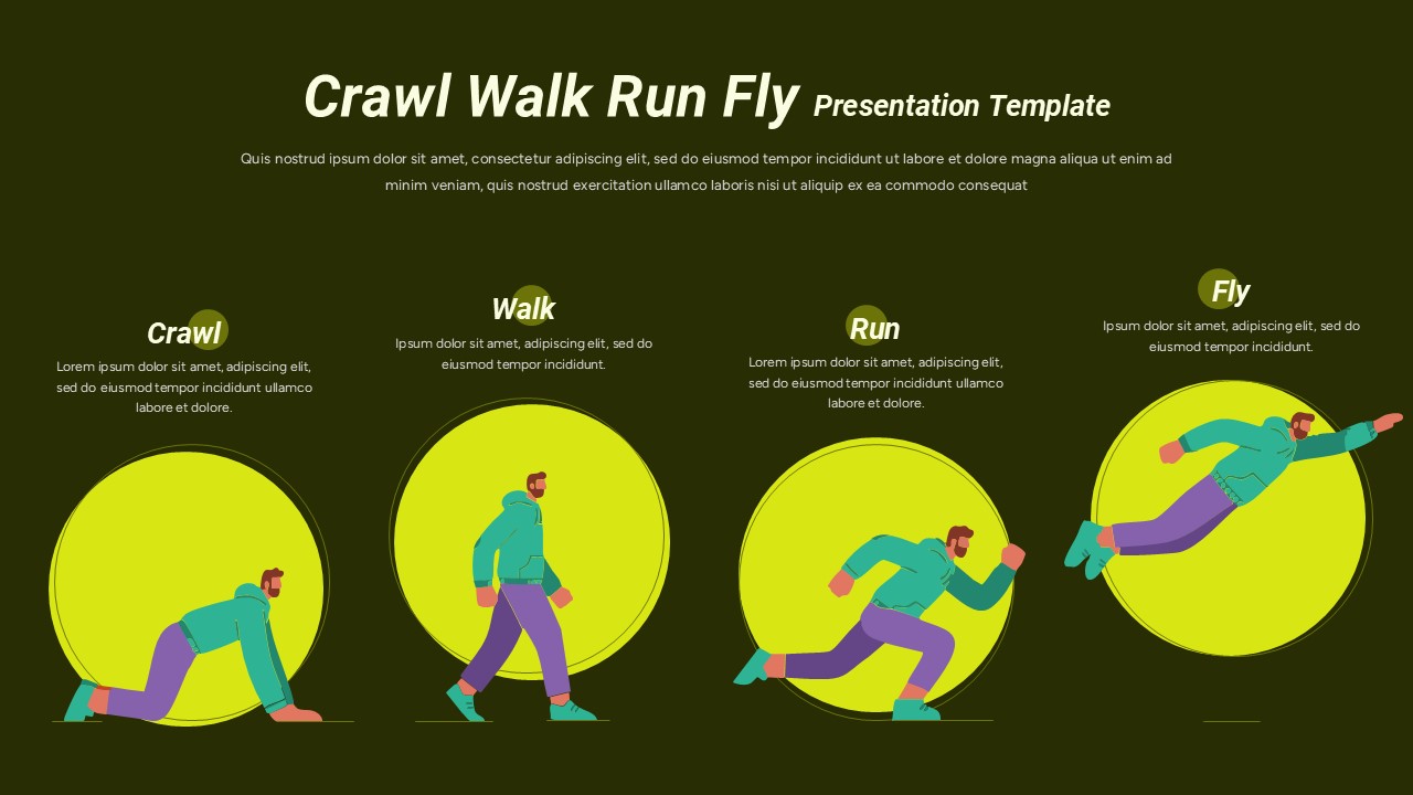 Crawl Walk Run Fly Process Presentation Template Dark