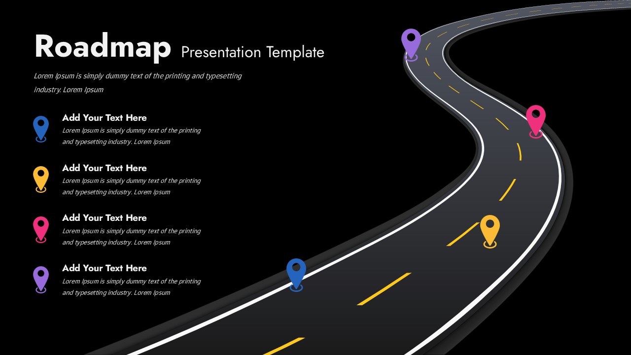 Curved Multi-Color Roadmap Slide for PowerPoint & Google Slides on a black background