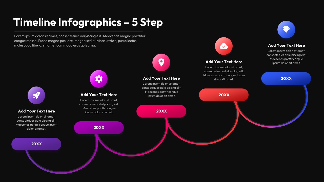 Five Step Timeline Slide for PowerPoint & Google Slides on a dark background
