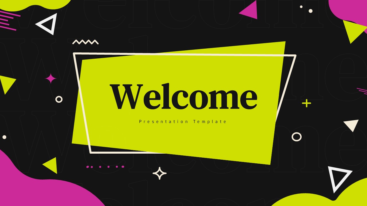Welcome title slide with black background, bright green layered shape, bold welcome text, and colorful geometric decorations