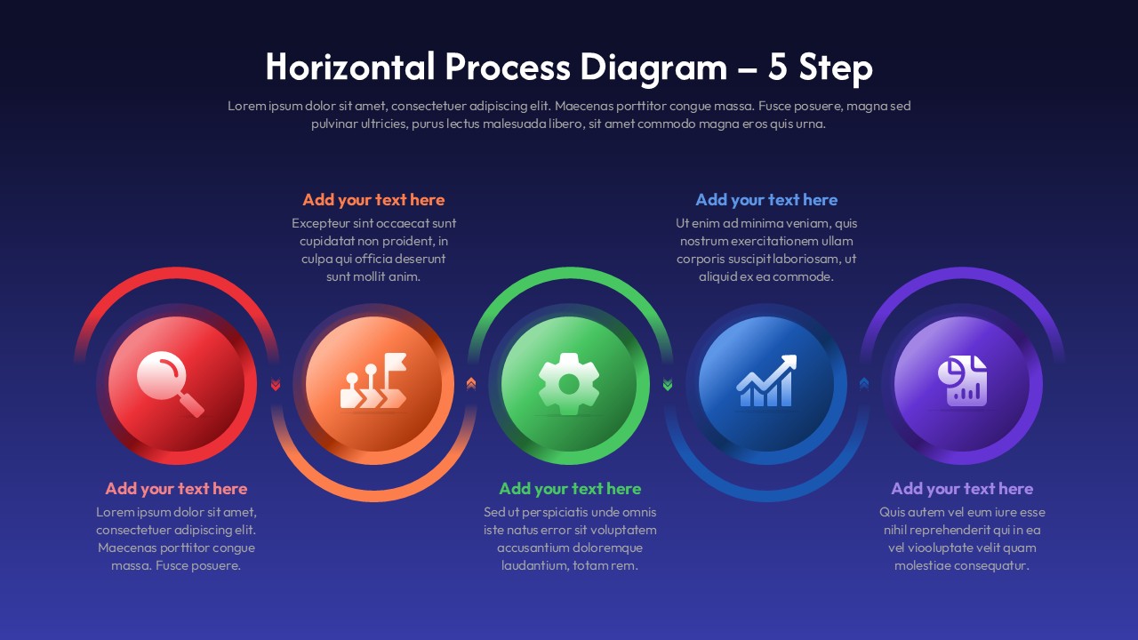 Horizontal 5 Step Process Diagram Template on a Dark background
