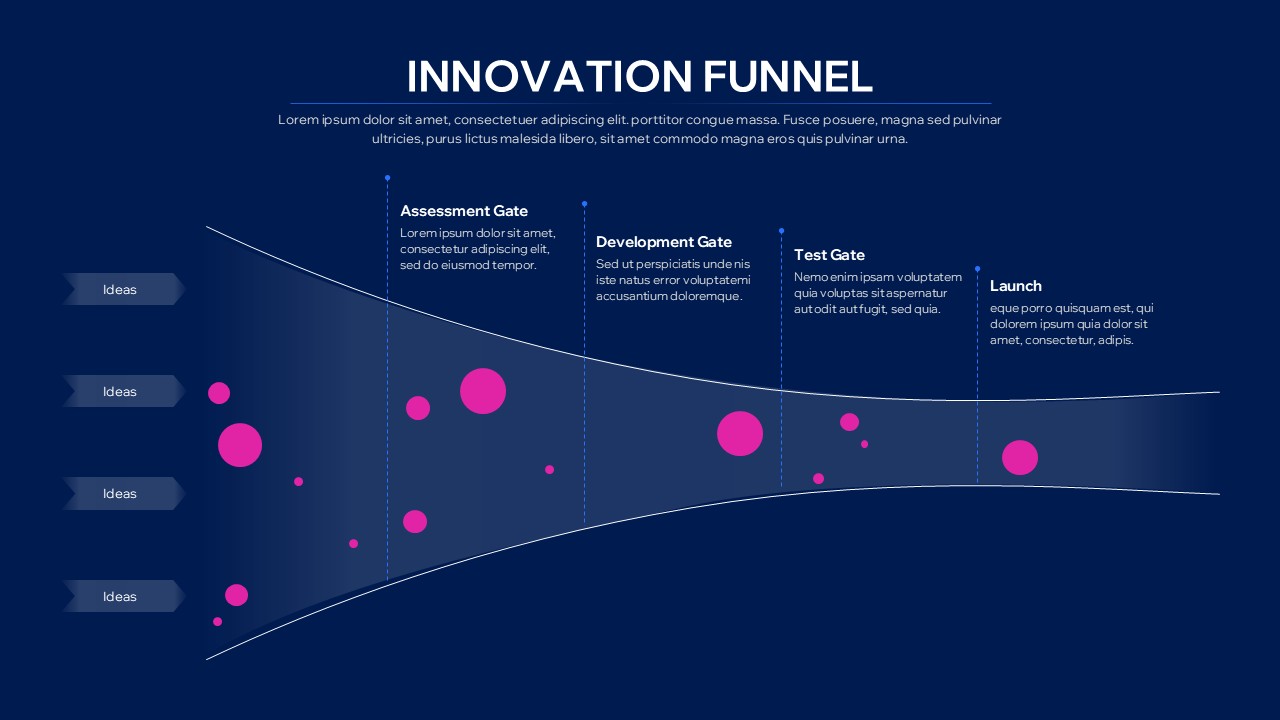 Innovation Funnel Process Slide Template with Pink items on a dark navy background