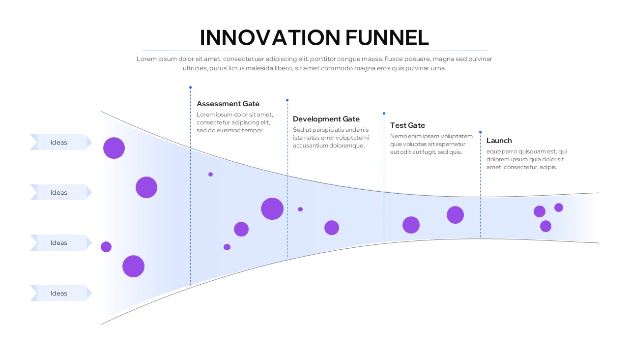 Innovation Funnel Process Slide Template with Purple items