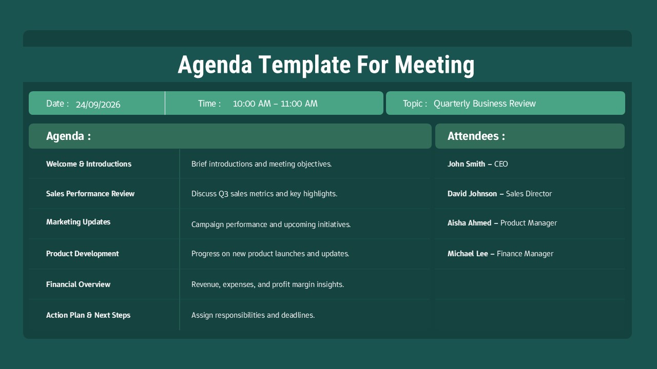 Meeting Agenda Slide Template Dark