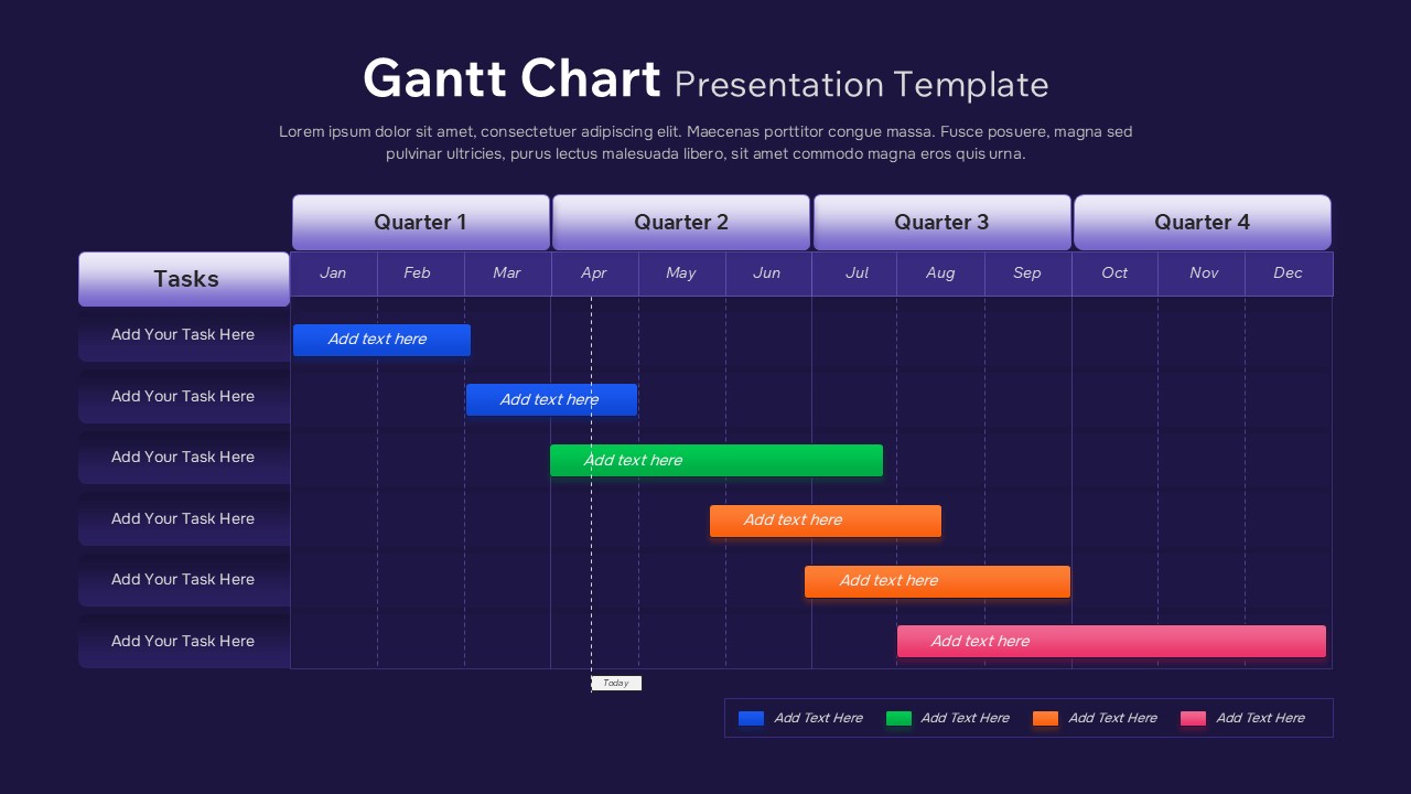 Quarterly Gantt Chart Slide Template on a dark background