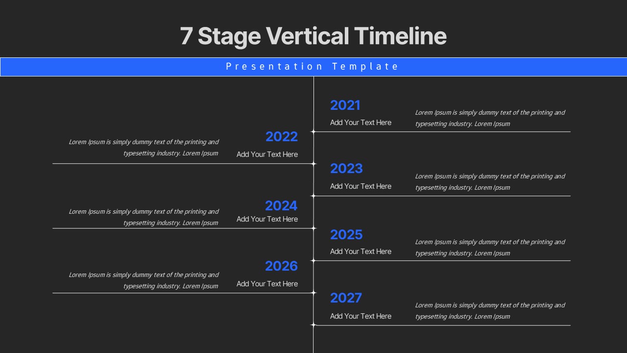 7-stage vertical timeline template for PowerPoint & Google Slides on a Dark background
