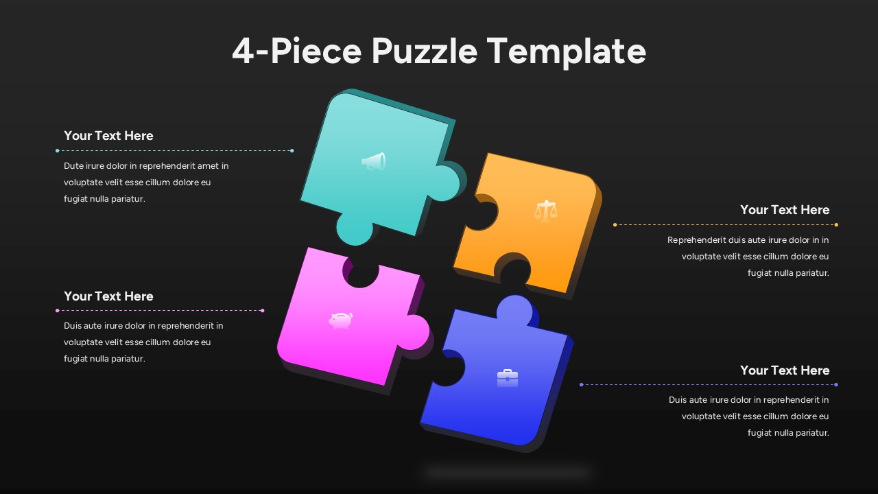 Four piece puzzle slide with colorful interlocking shapes, icons, and callout text explaining connected concepts.