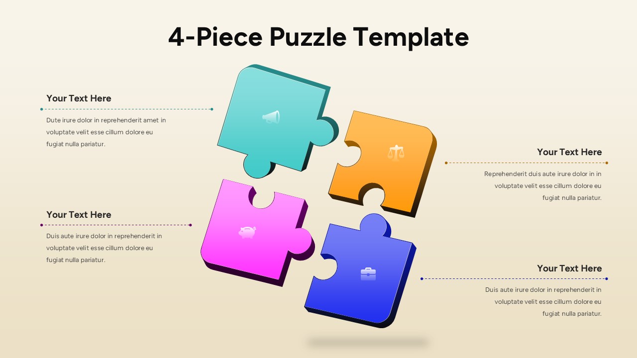 Four piece puzzle slide with colorful interlocking shapes, icons, and callout text explaining connected concepts.