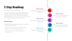 Five step roadmap slide with vertical dotted path, five colorful numbered circles, and text callouts for each milestone