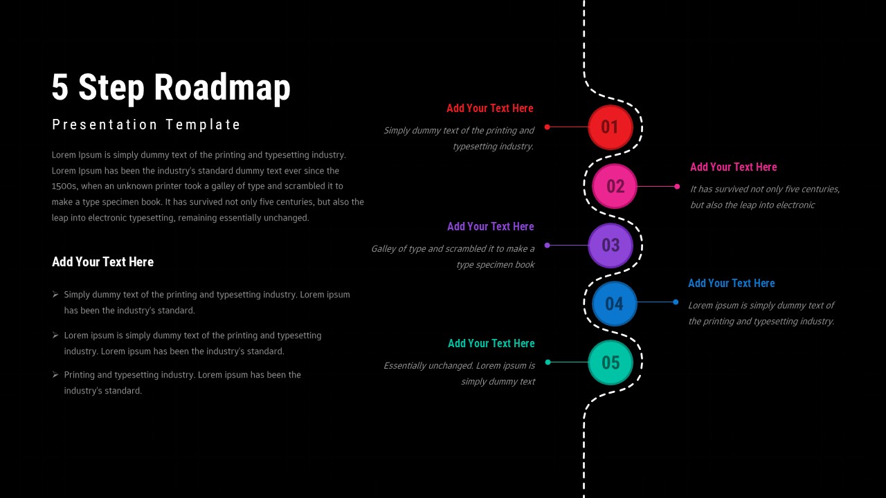 Five step roadmap slide with vertical dotted path, five colorful numbered circles, and text callouts for each milestone