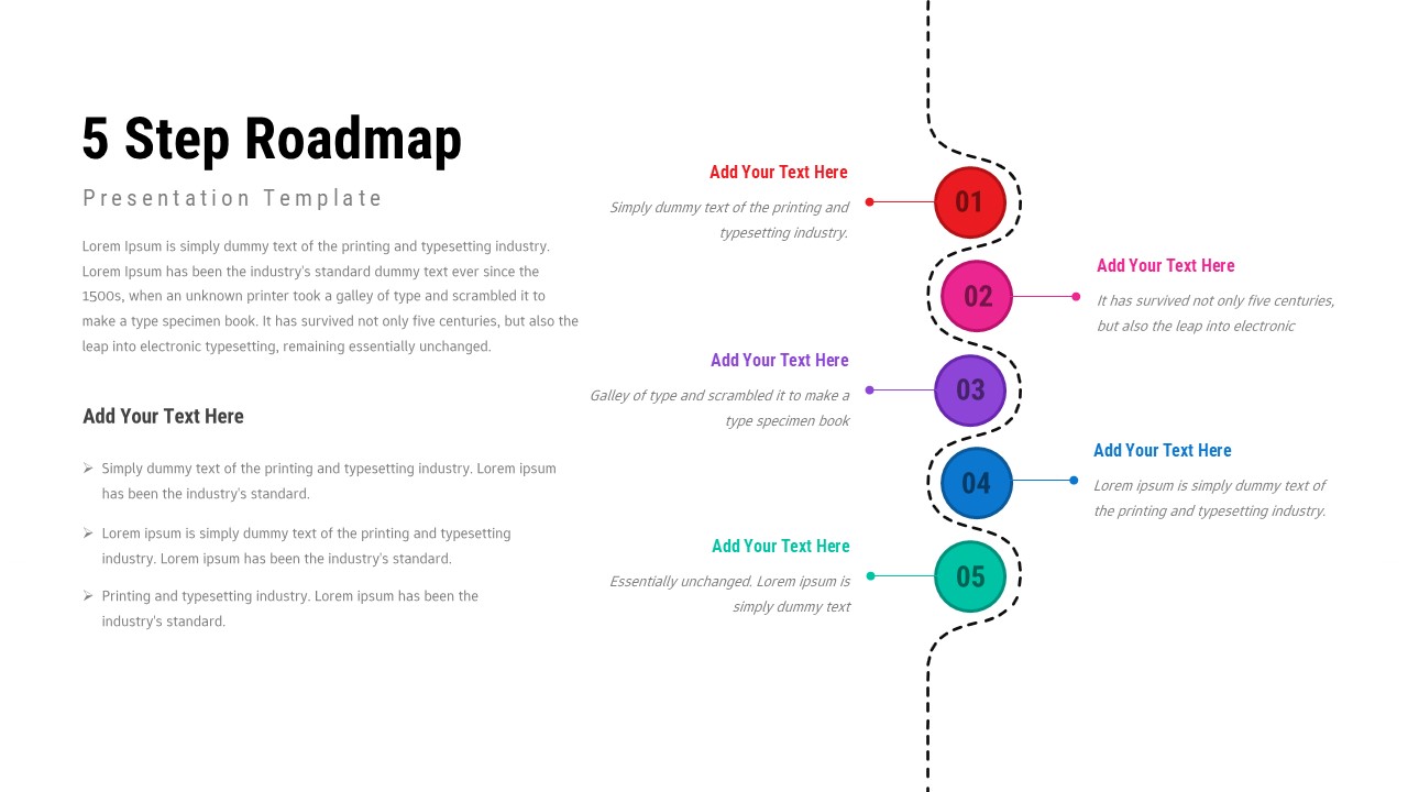 Five step roadmap slide with vertical dotted path, five colorful numbered circles, and text callouts for each milestone