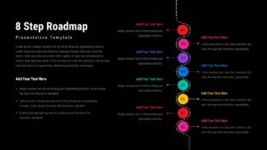 Eight step roadmap slide with vertical dotted path, eight colorful numbered circles, and text callouts for each milestone