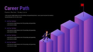 Career path slide with 3D purple steps, a person climbing upward, and a flag marking the final goal.