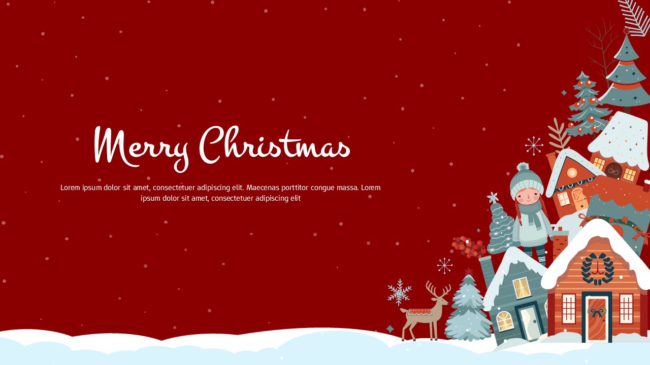 Christmas greeting slide with red background featuring illustrated winter village, houses, trees, snowflakes, and “Merry Christmas” text in a festive layout.