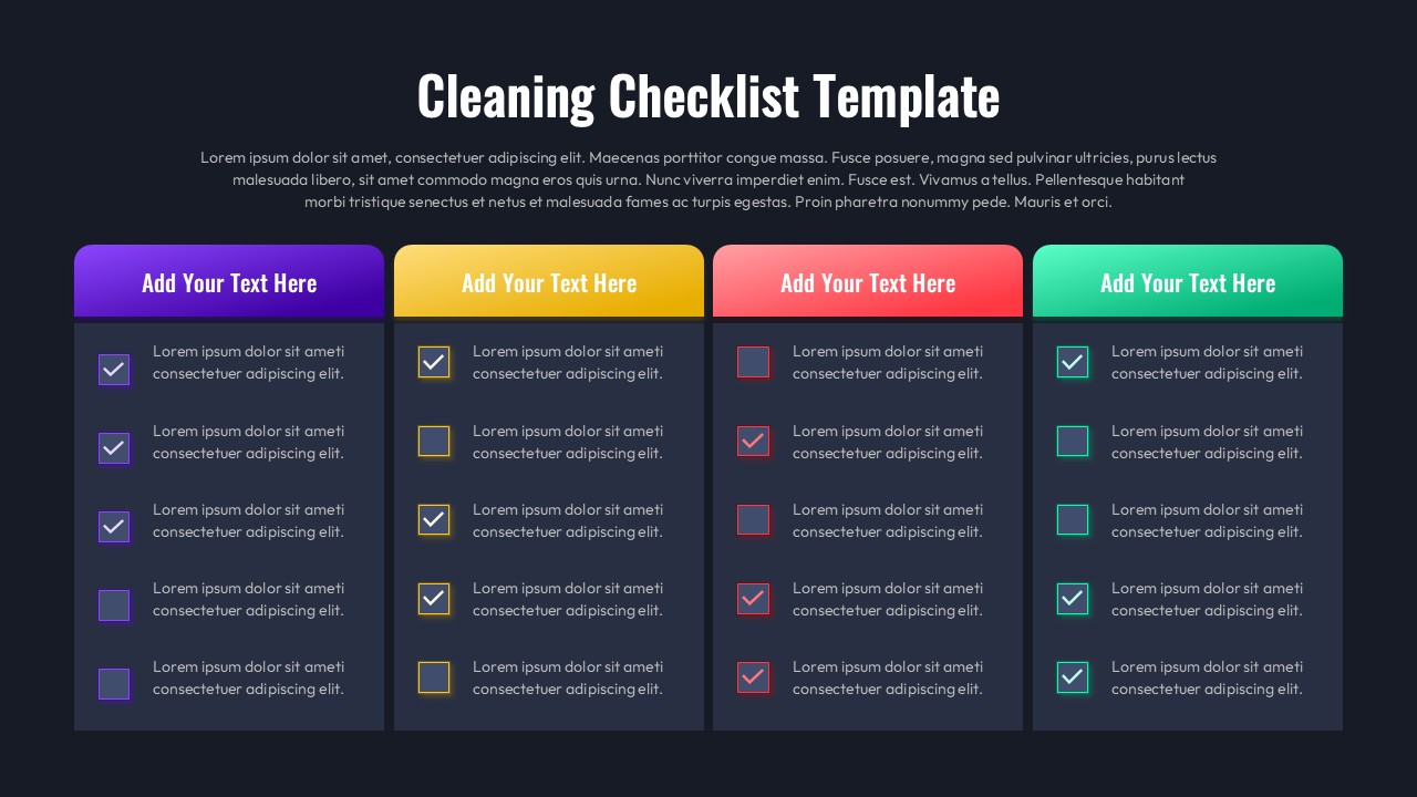 Four-column cleaning checklist template with colored headers and checked task boxes