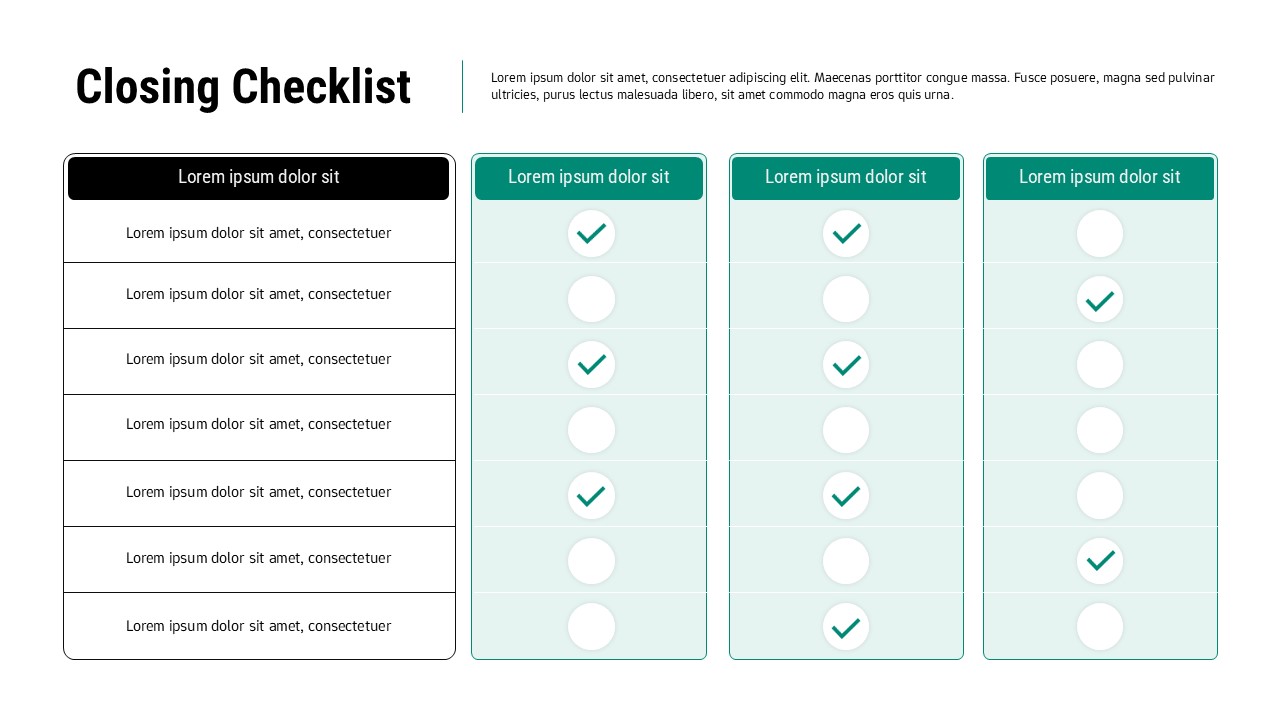 Closing checklist slide with task list on the left and multiple columns with checkmark indicators for completion status.