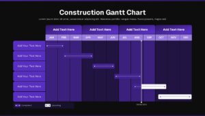 Construction Gantt chart slide with monthly timeline, horizontal task bars, progress indicators, and milestone marker.