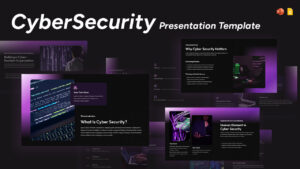 Cyber security presentation cover slide with a dark modern background, bold headline, layered preview thumbnails of slides, purple accent lighting, code visuals, hacker imagery, and technology-focused layouts.