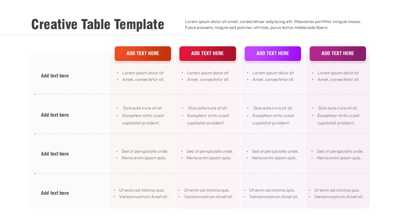 Creative comparison table slide with four colored column headers, multiple rows, and a clean structured layout for data comparison.