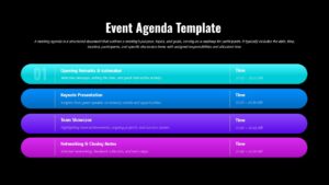Event agenda slide with four horizontal color-coded rows showing session titles, descriptions, and time slots.