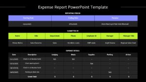 Expense report slide with structured tables for reporting period, employee details, and categorized expense entries.