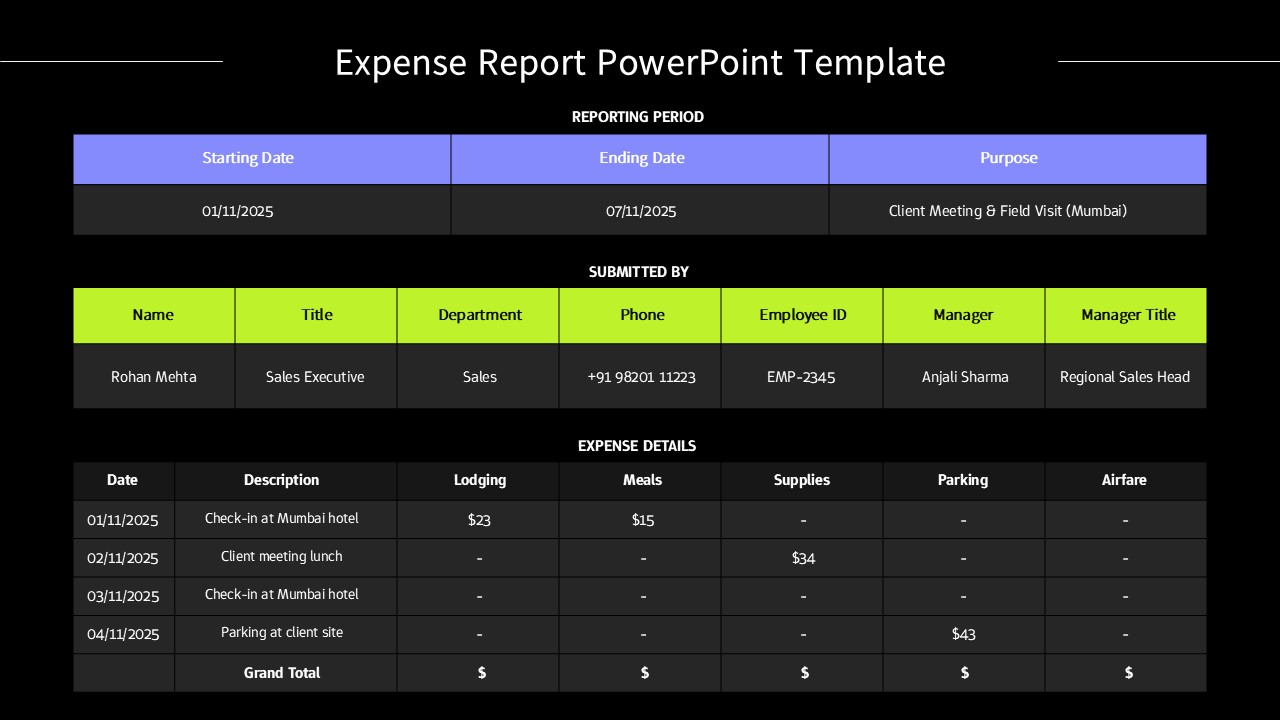 Expense report slide with structured tables for reporting period, employee details, and categorized expense entries.