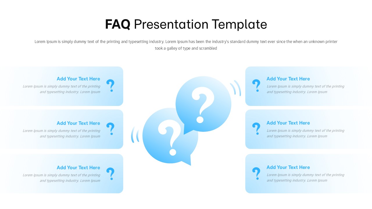 FAQ slide with central question icons and six rounded text boxes arranged in two columns for common questions and answers