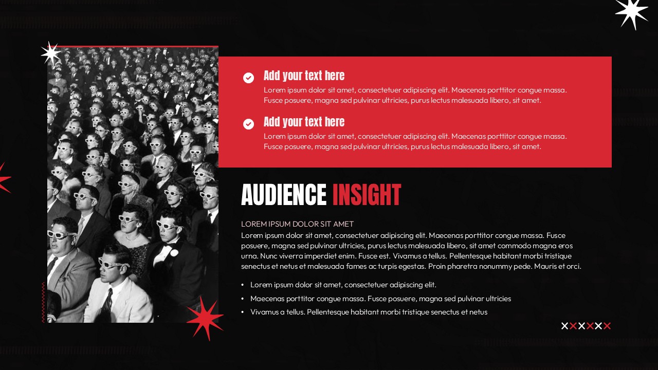 Film pitch deck slide showing audience insights with crowd photo, highlighted points, and bullet list on viewer characteristics