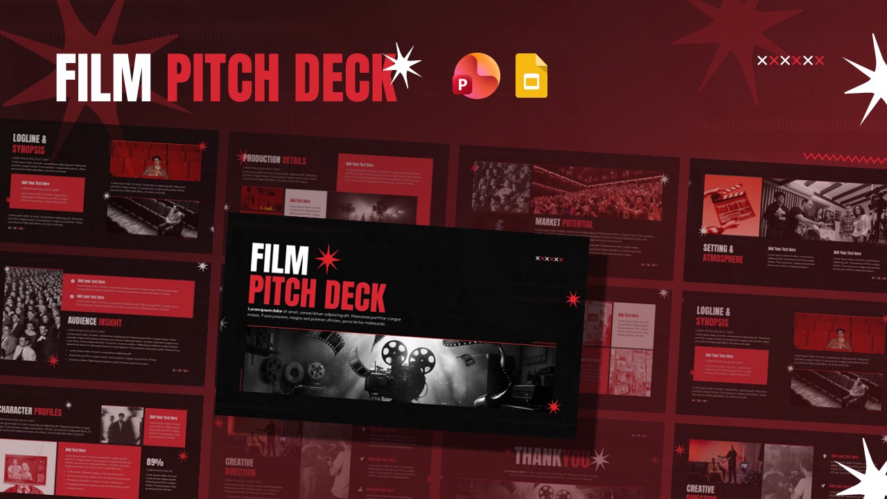 Cinematic film pitch deck slide layout with bold red and black design, image placeholders, and structured sections for storytelling.