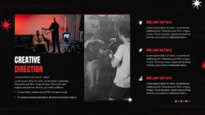 Film pitch deck slide on creative direction with behind-the-scenes filming photos and highlighted strategy points