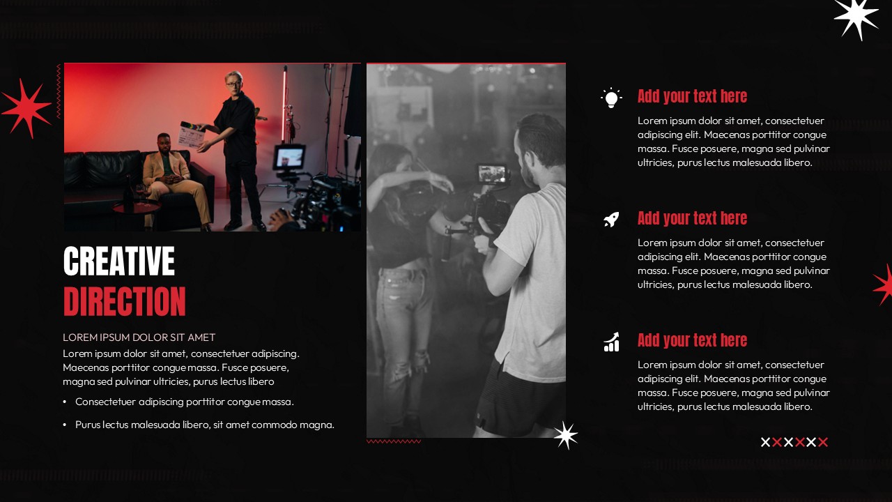 Film pitch deck slide on creative direction with behind-the-scenes filming photos and highlighted strategy points