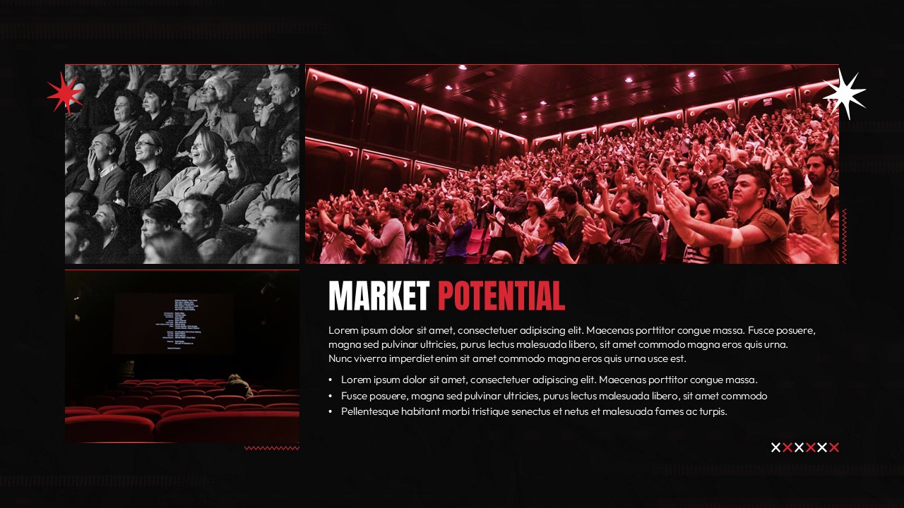 Film pitch deck slide showing market potential with images of cinema audiences and theater scenes