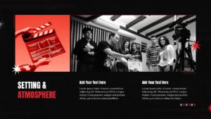 Film pitch deck slide showing setting and atmosphere with clapperboard and behind-the-scenes crew images