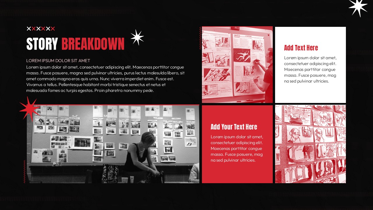Film pitch deck slide showing story breakdown with storyboard panels and scene planning images