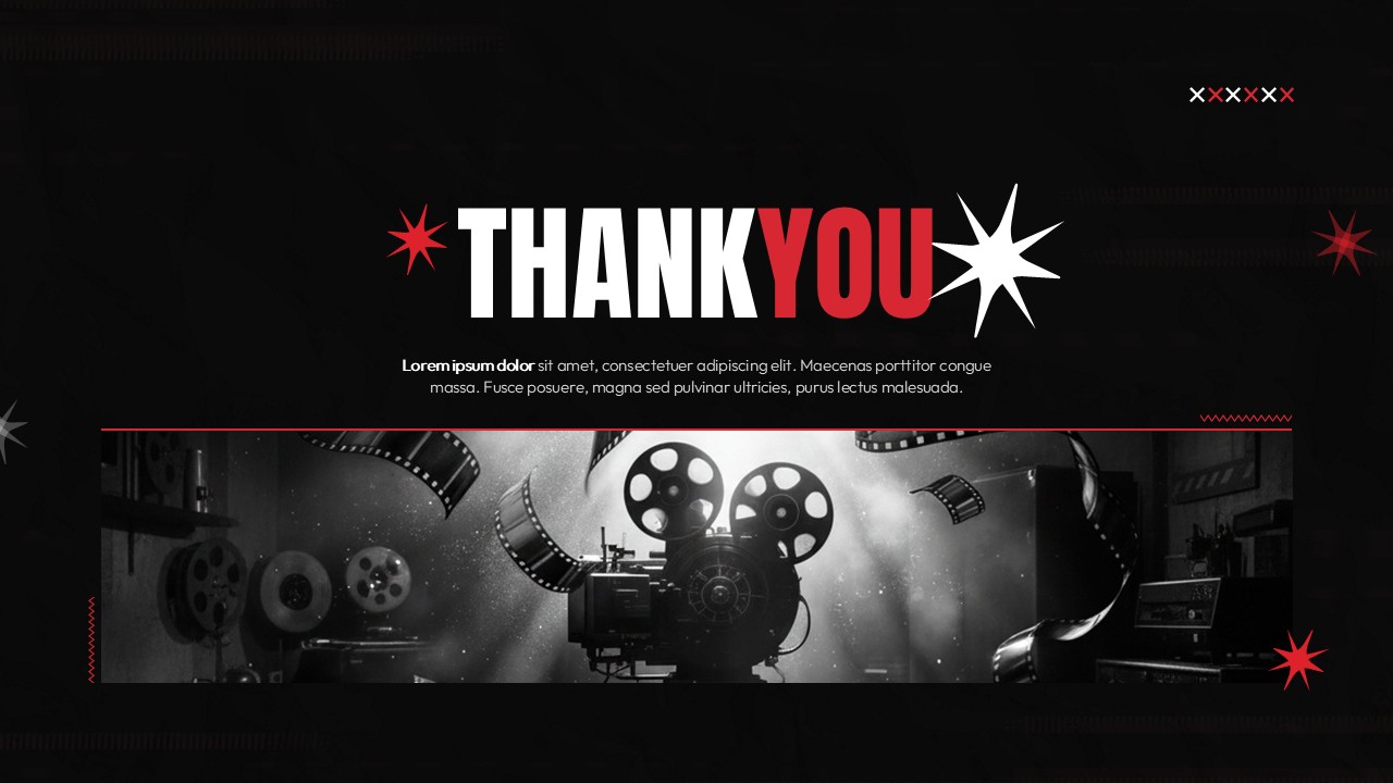 Film pitch deck thank-you slide with bold typography and vintage film camera background