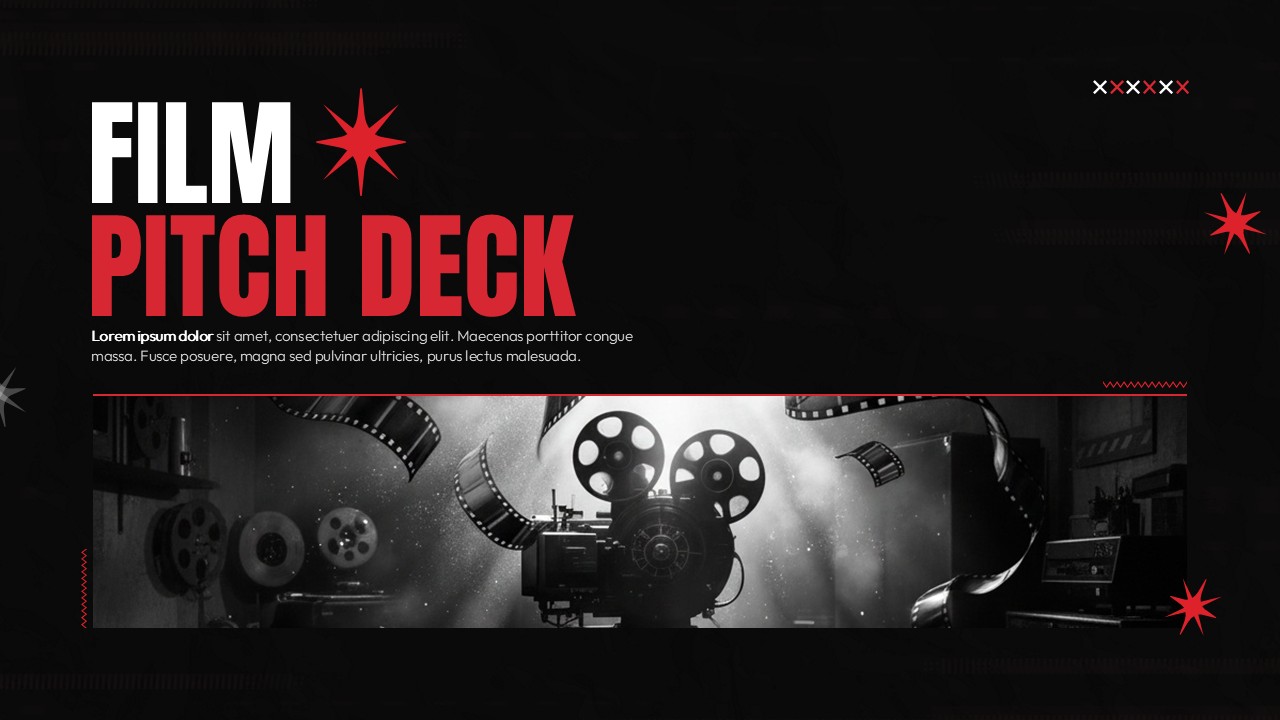 Film pitch deck title slide with vintage film camera and reels on dark background