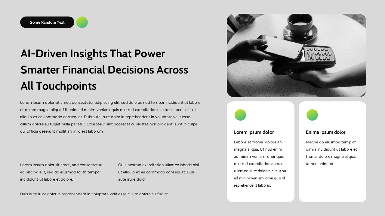 Fintech company presentation slides with mission statements, AI finance insights, team profiles, and modern card-based layouts.