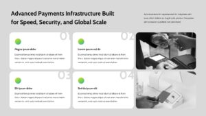 Fintech company presentation slides with mission statements, AI finance insights, team profiles, and modern card-based layouts.