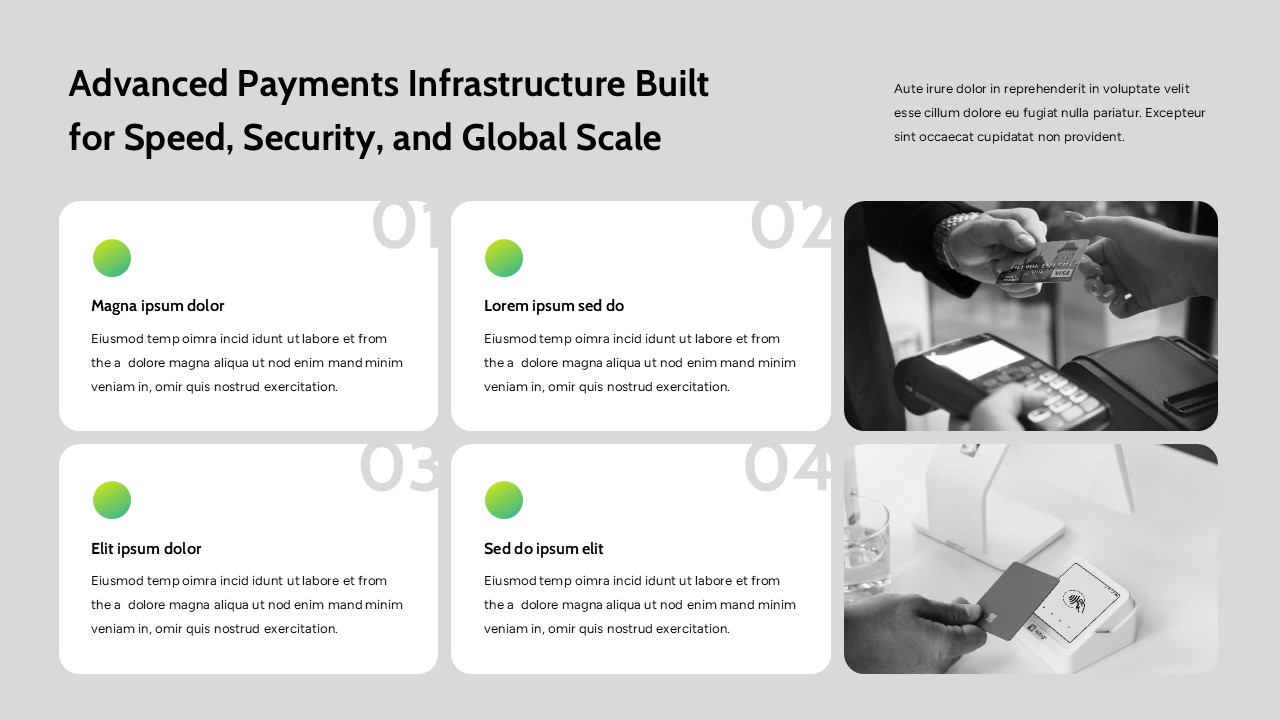 Fintech company presentation slides with mission statements, AI finance insights, team profiles, and modern card-based layouts.