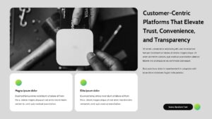 Fintech company presentation slides with mission statements, AI finance insights, team profiles, and modern card-based layouts.