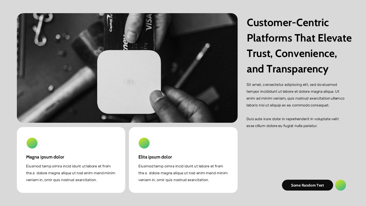 Fintech company presentation slides with mission statements, AI finance insights, team profiles, and modern card-based layouts.