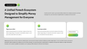 Fintech company presentation slides with mission statements, AI finance insights, team profiles, and modern card-based layouts.