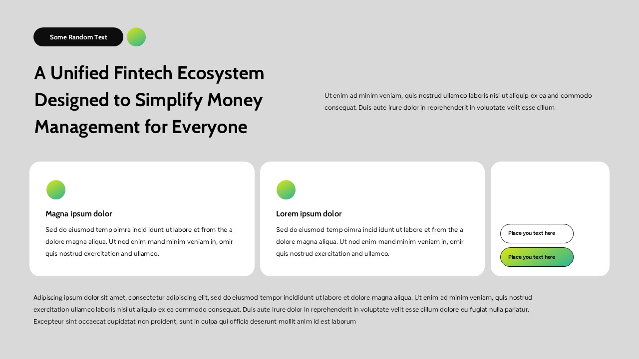 Fintech company presentation slides with mission statements, AI finance insights, team profiles, and modern card-based layouts.