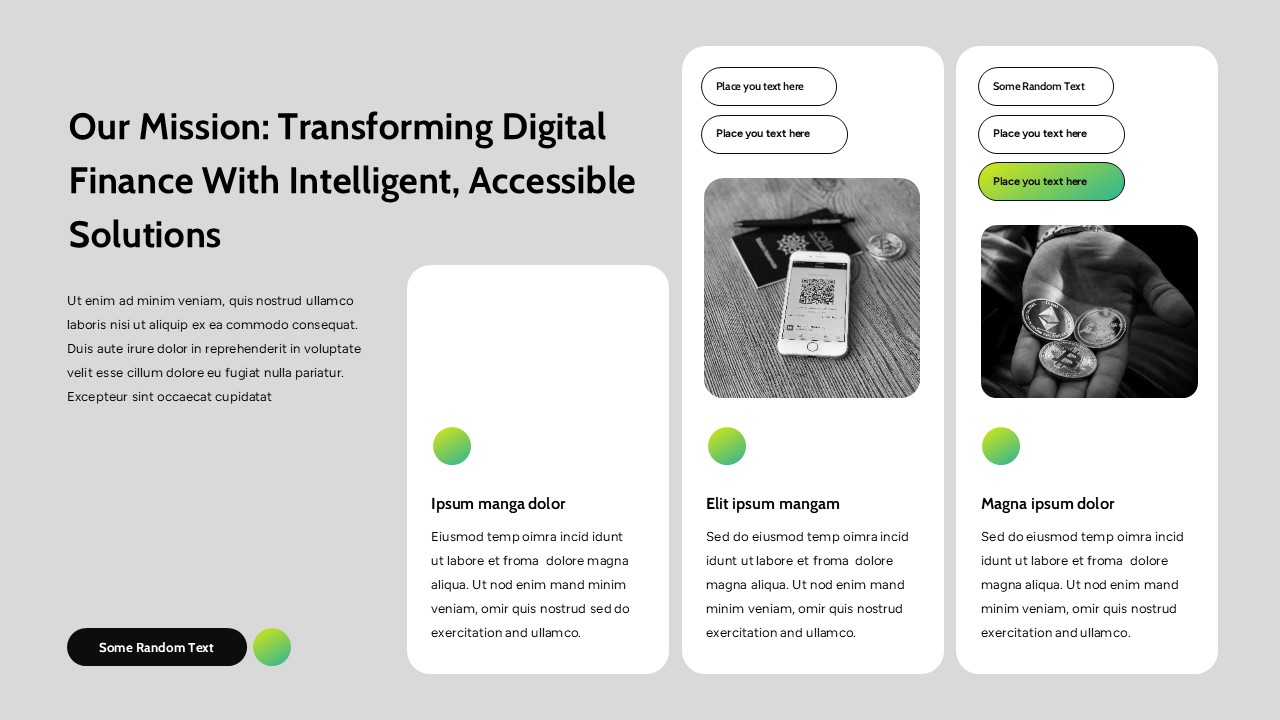 Fintech company presentation slides with mission statements, AI finance insights, team profiles, and modern card-based layouts.